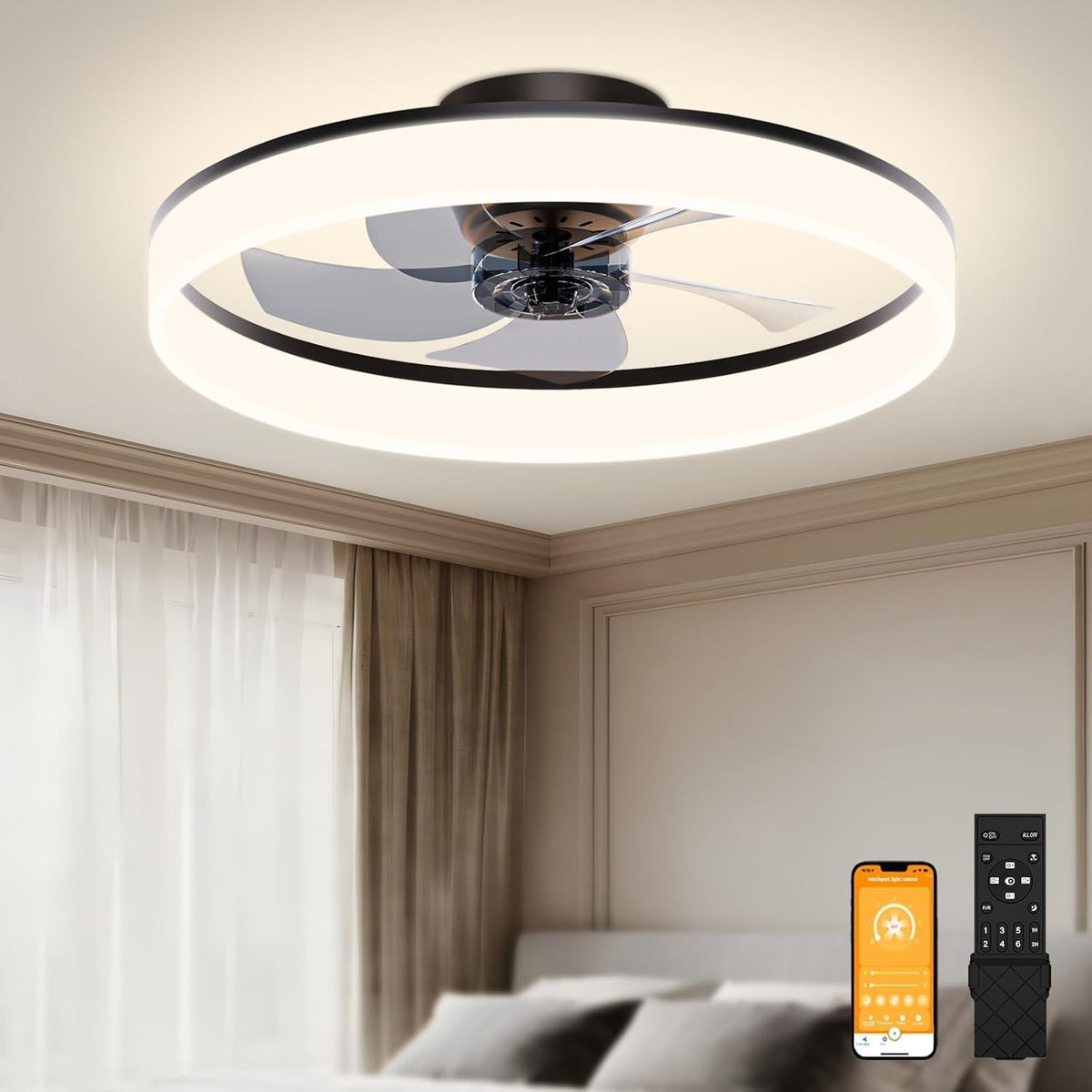 50cm Ceiling Fan with Lights, 6 Speeds, Dimmable LED, Remote, Black