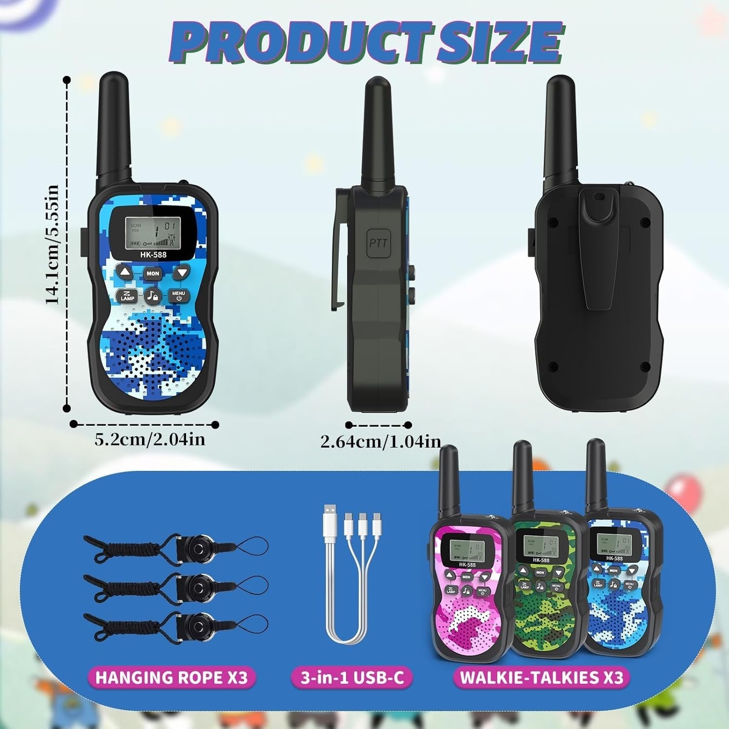 Kids Walkie Talkies Rechargeable 3 Pack 8 Channel VOX Long Range Camo