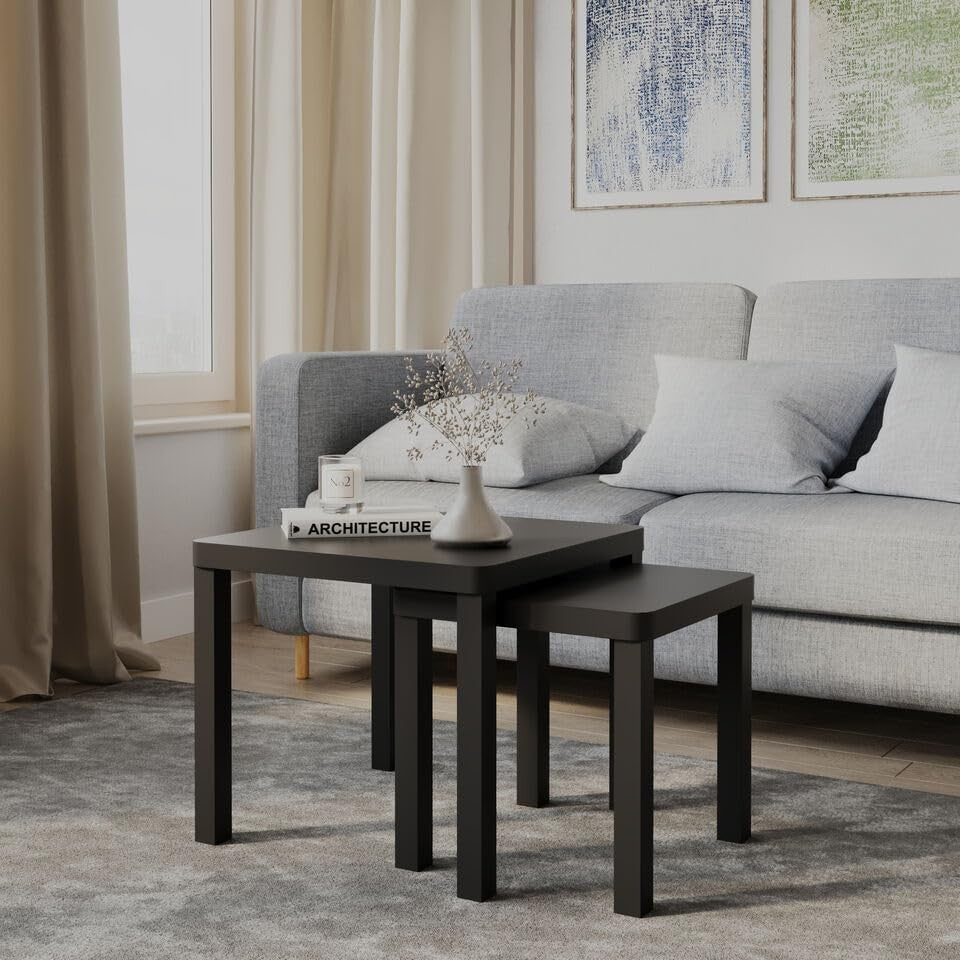 Square Black Nesting End Table Set of 2 Wood Beside Coffee Sofa Side Space Savin