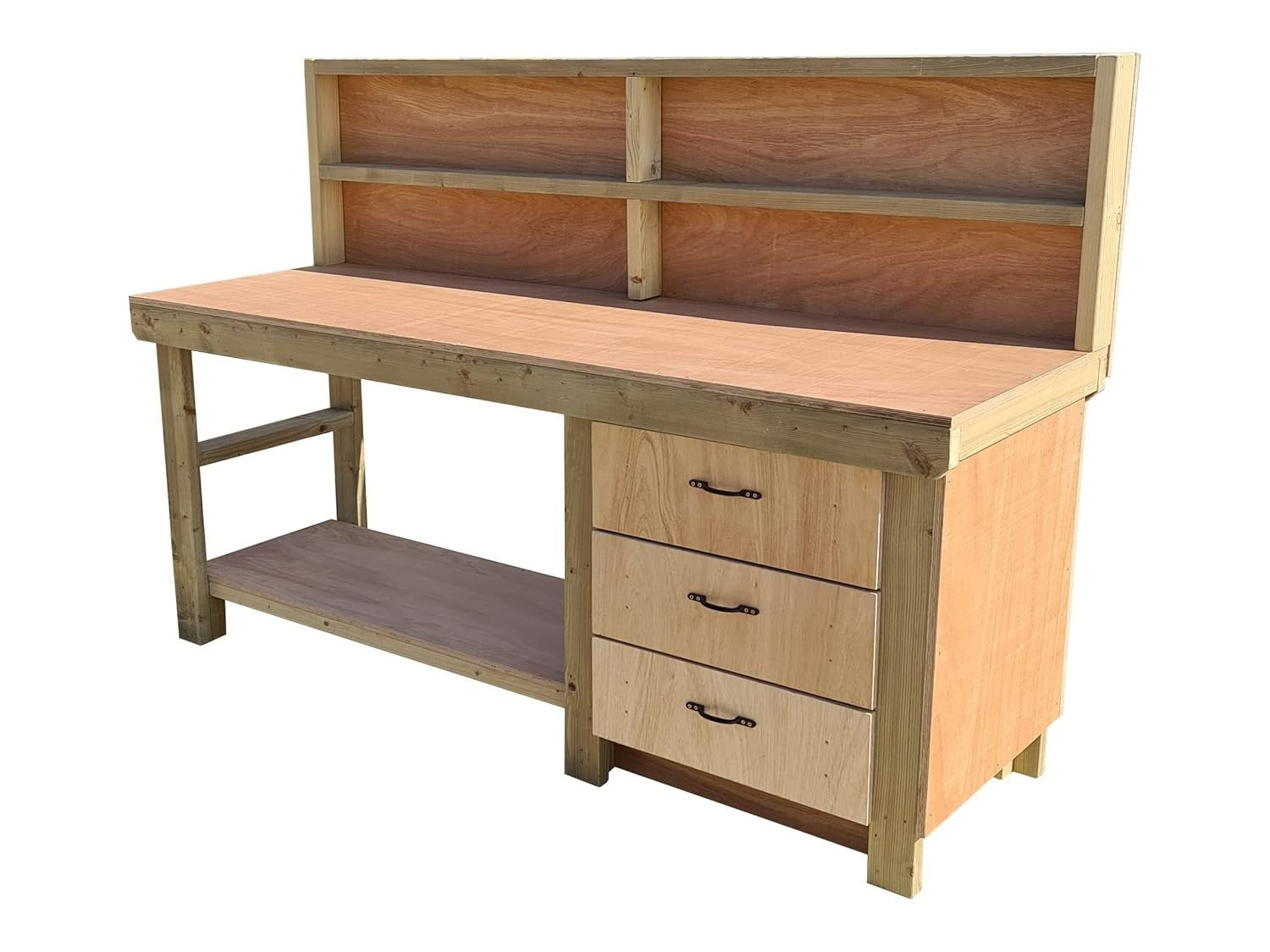 7ft Heavy Duty Wooden Workbench – Eucalyptus Top, 3 Drawers, Shelf & Back Panel