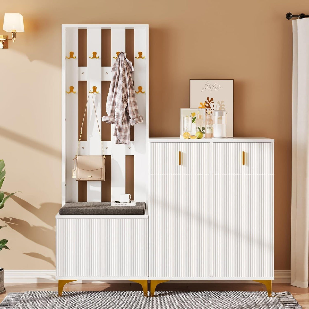 Modern Hallway Coat Rack with Shoe Storage Bench & Drawers – White 180cm