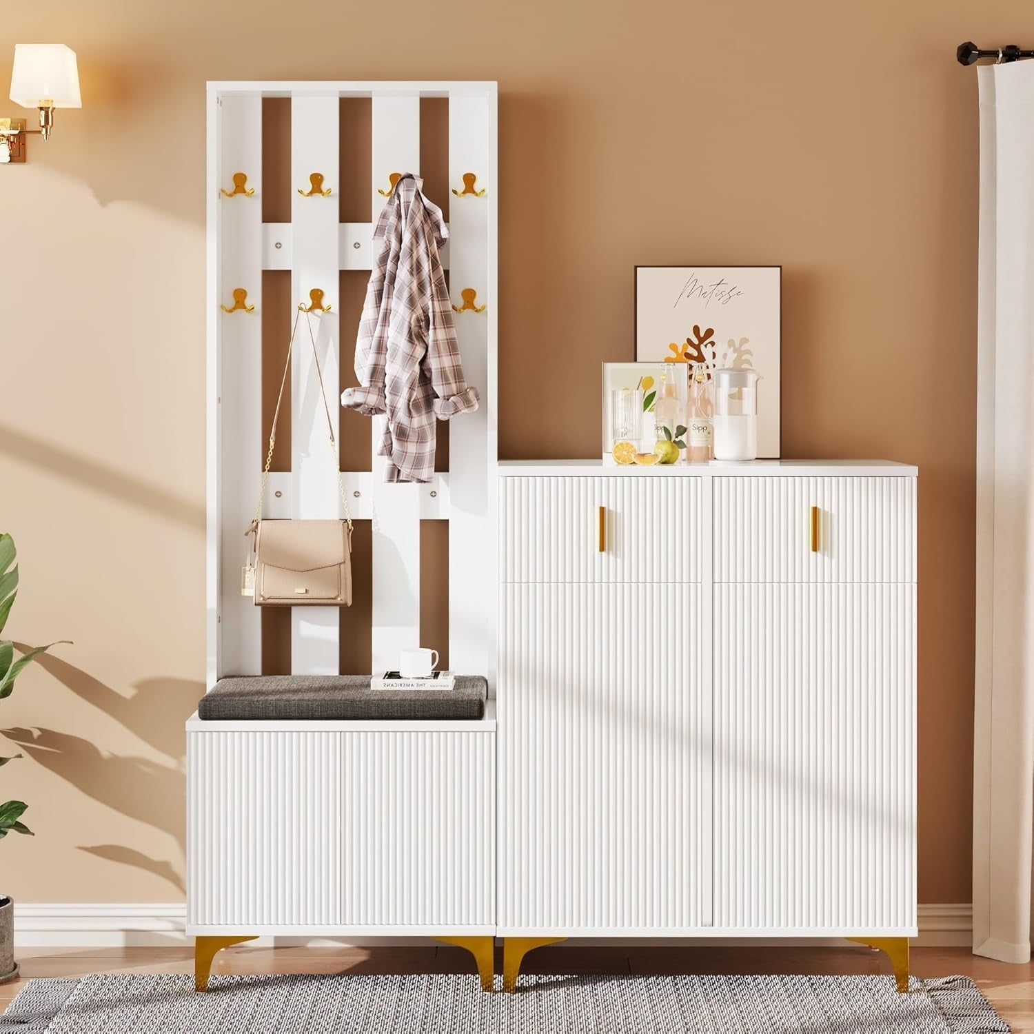 Modern Hallway Coat Rack with Shoe Storage Bench & Drawers – White 180cm