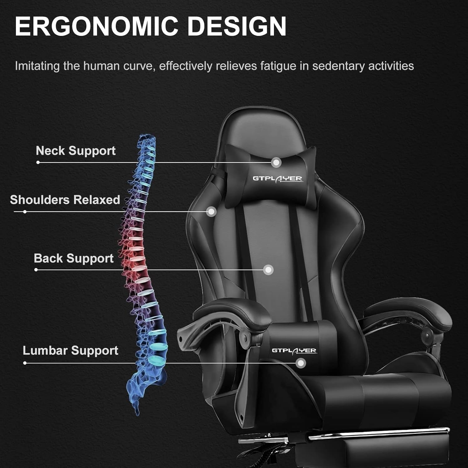 Gaming Chair PU Leather Desk Office Swivel Recliner Footrest Massager Lumbar Bla