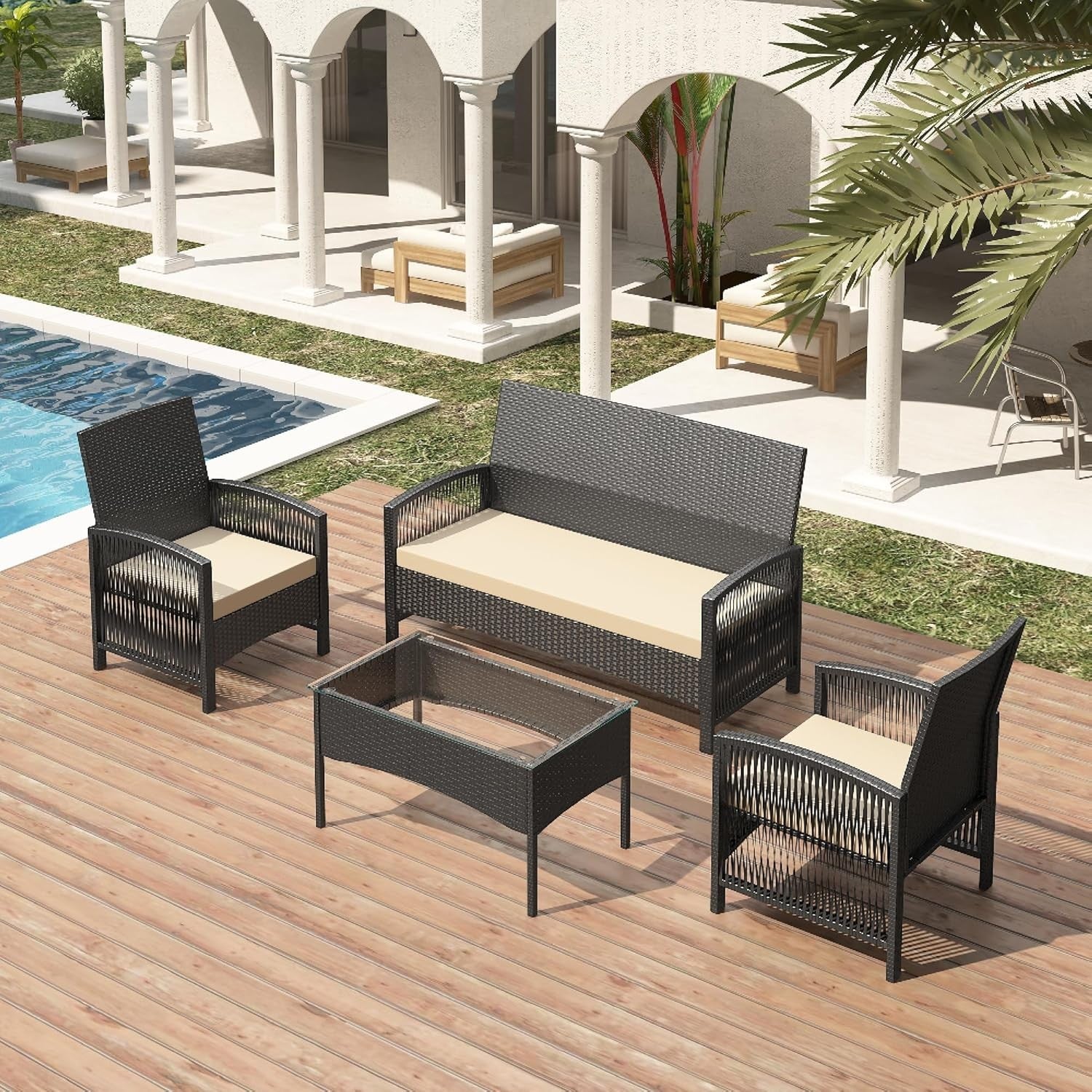 4-Piece Rattan Garden Patio Set Black Cushioned Sofa & Glass Coffee Table