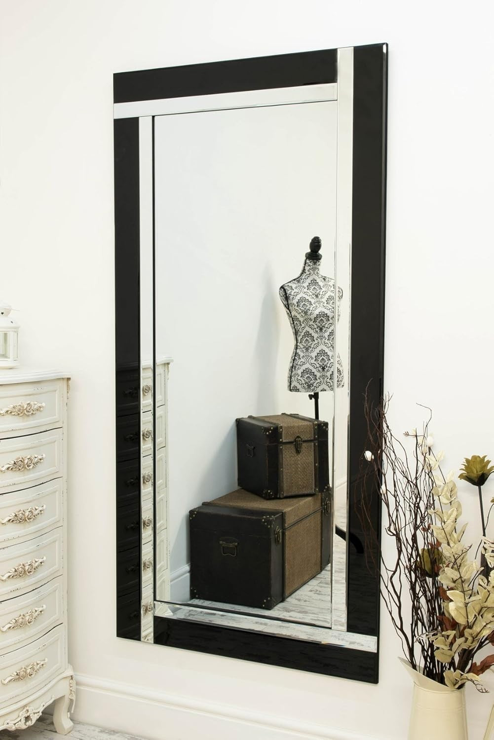 Large Black Silver Bevelled Wall Mirror 174x85cm Elegant Decor
