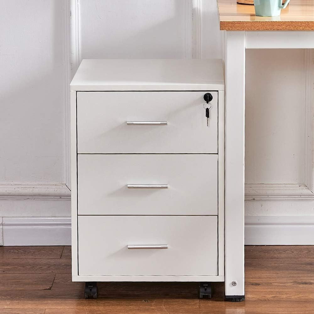 White Lockable Mobile Filing Cabinet 3 Drawer A4 Under Desk on Wheels
