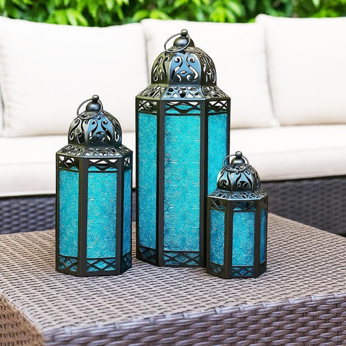 Set of 3 Blue Moroccan Candle Lanterns Home Decor