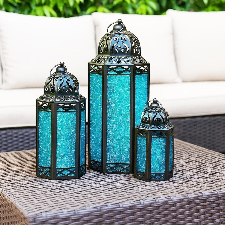Set of 3 Blue Moroccan Candle Lanterns Home Decor