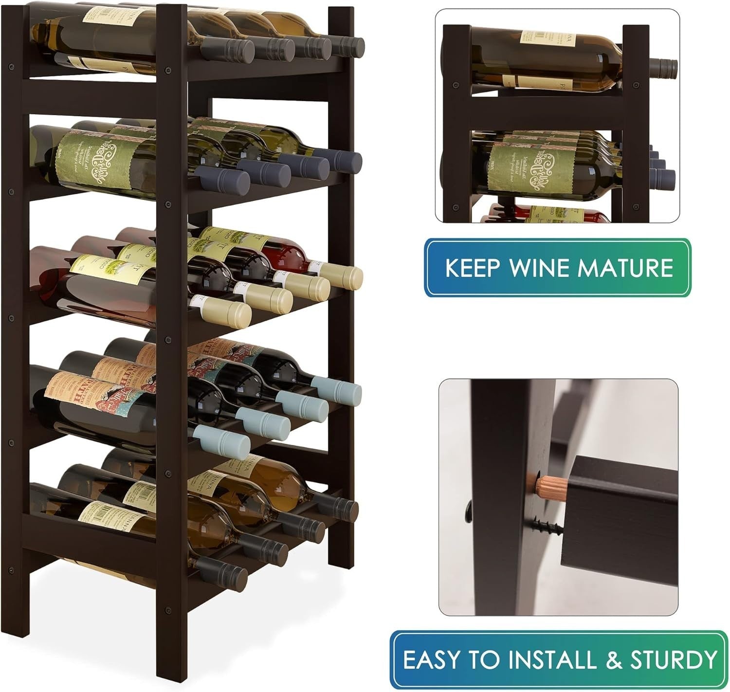 5 Tier Wooden Wine Rack 20 Bottle Storage Stand Free Standing Kitchen Pantry Bar