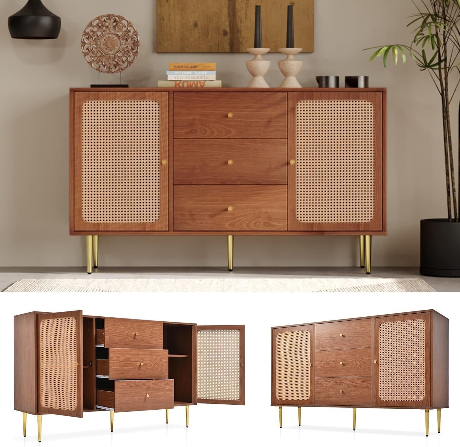 Walnut Rattan Sideboard Cabinet 3 Drawers 2 Doors Storage Unit