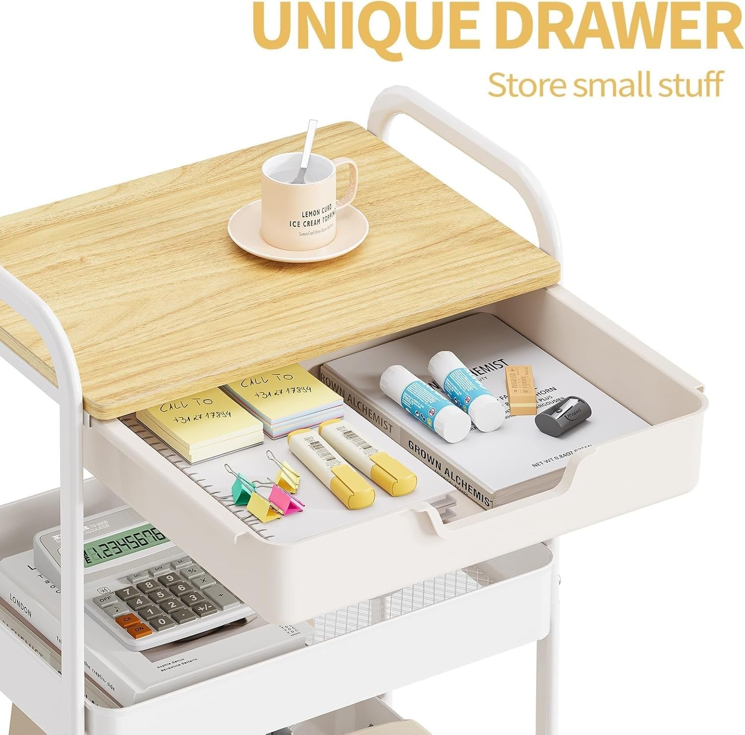 3 Tier Rolling Storage Trolley Cart Wooden Top Drawer Utility Organiser