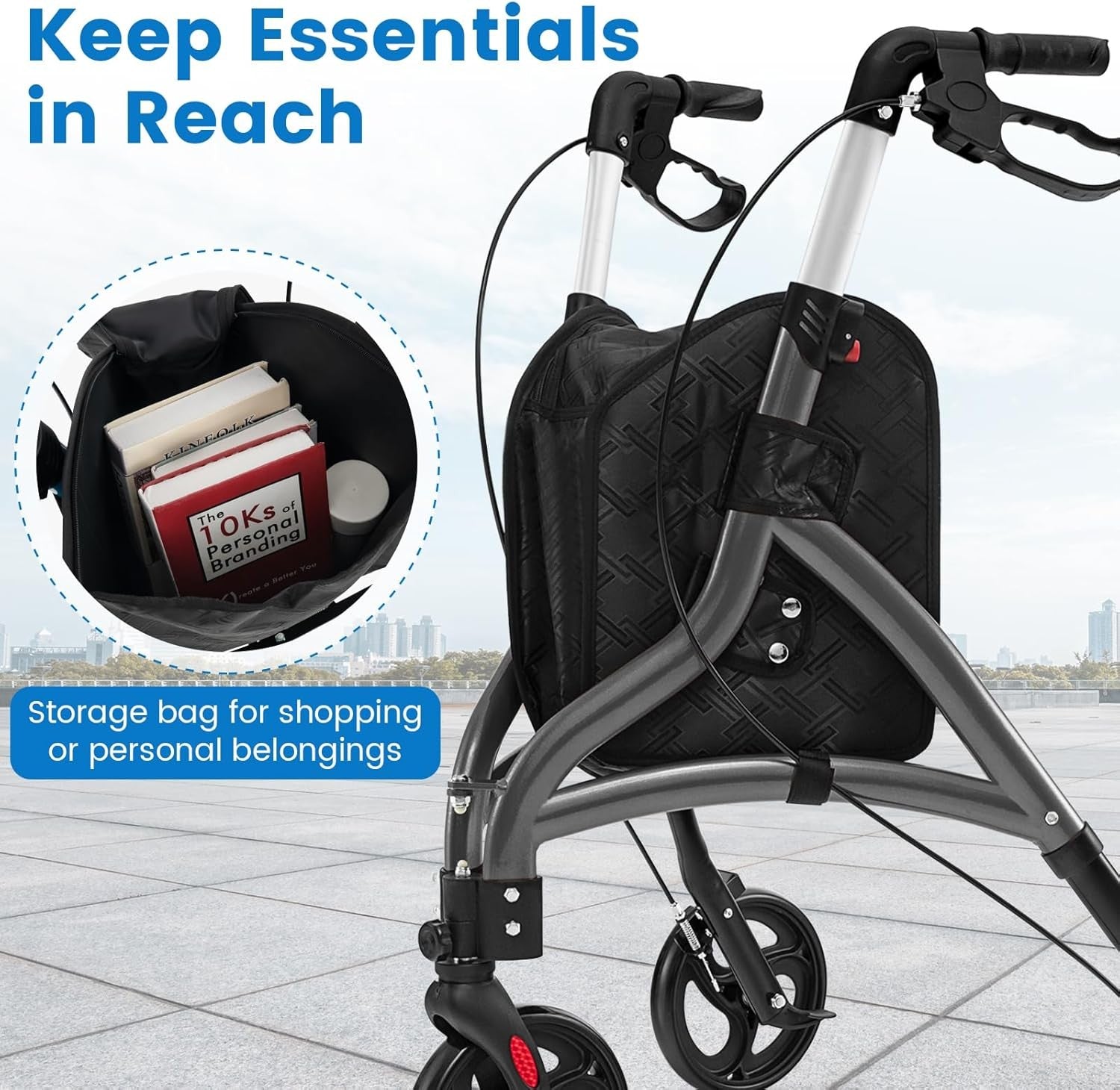 3 Wheel Folding Rollator Walker Lightweight Adjustable Mobility Aid