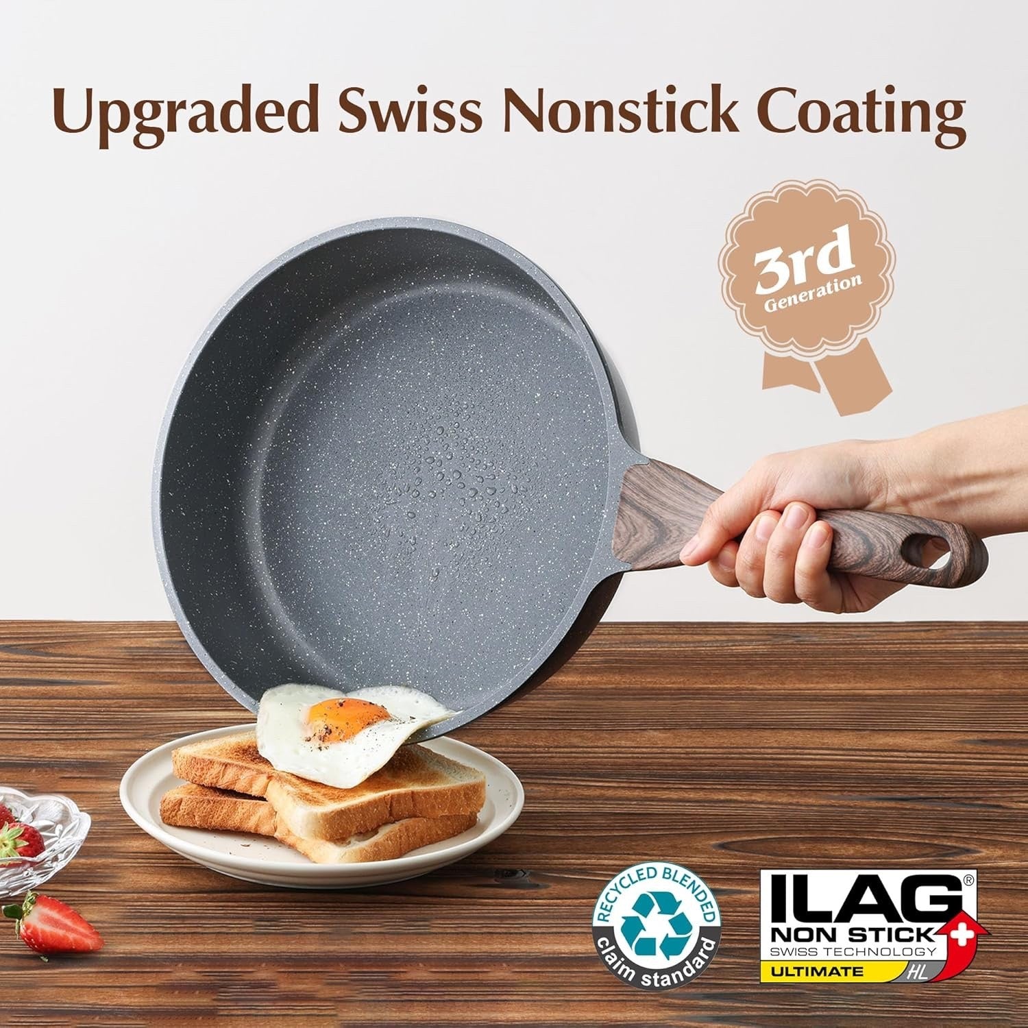 26cm Grey Deep Non stick Saute Pan with Lid 4L  Skillet Induction Compatible