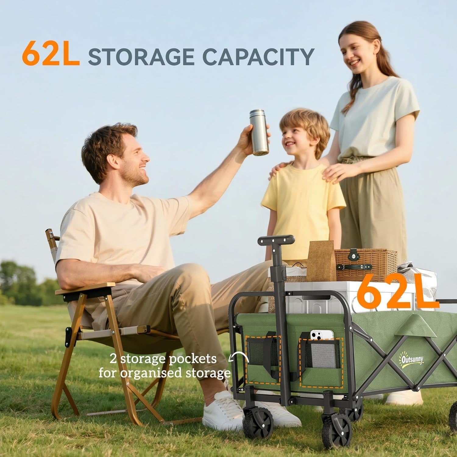 Green 62L Folding Festival Trolley 120kg Heavy Duty Garden Beach Camping Wagon