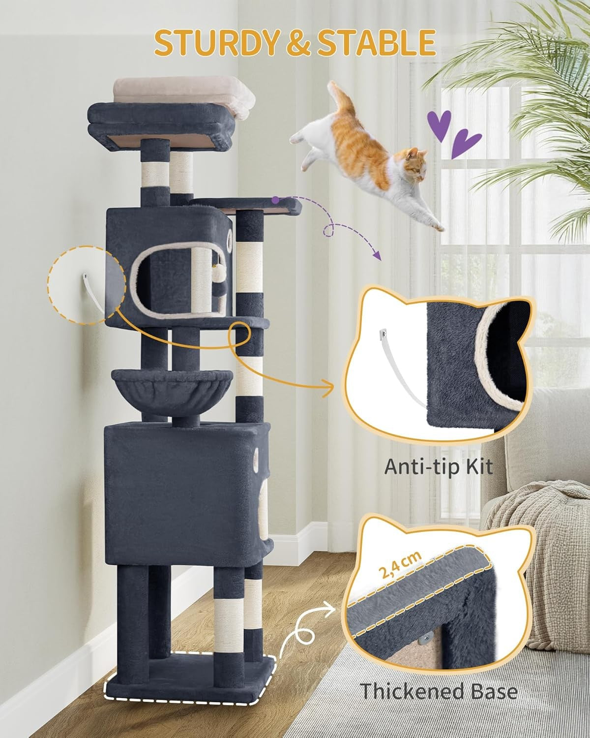Hzuaneri 180 cm Cat Tree for Indoor Cats, Cat Tower, Multi-Level Cats Condo with