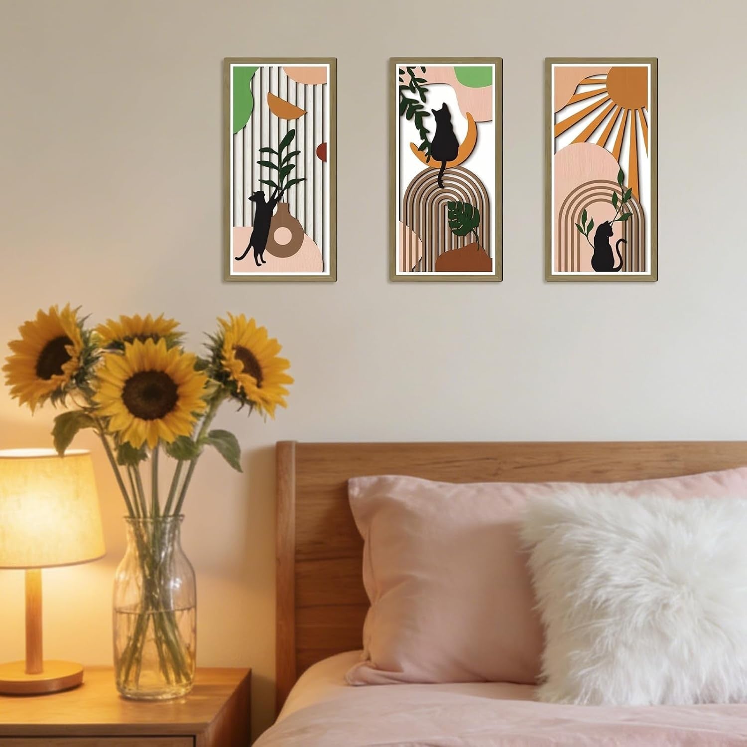 Boho Wooden Cat Wall Art Set 3Pcs Geometric Decor
