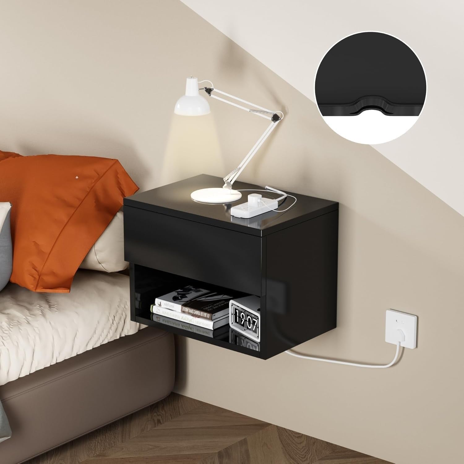 Modern Floating Bedside Tables Set of 2 – Wall Mounted Drawers & Shelves