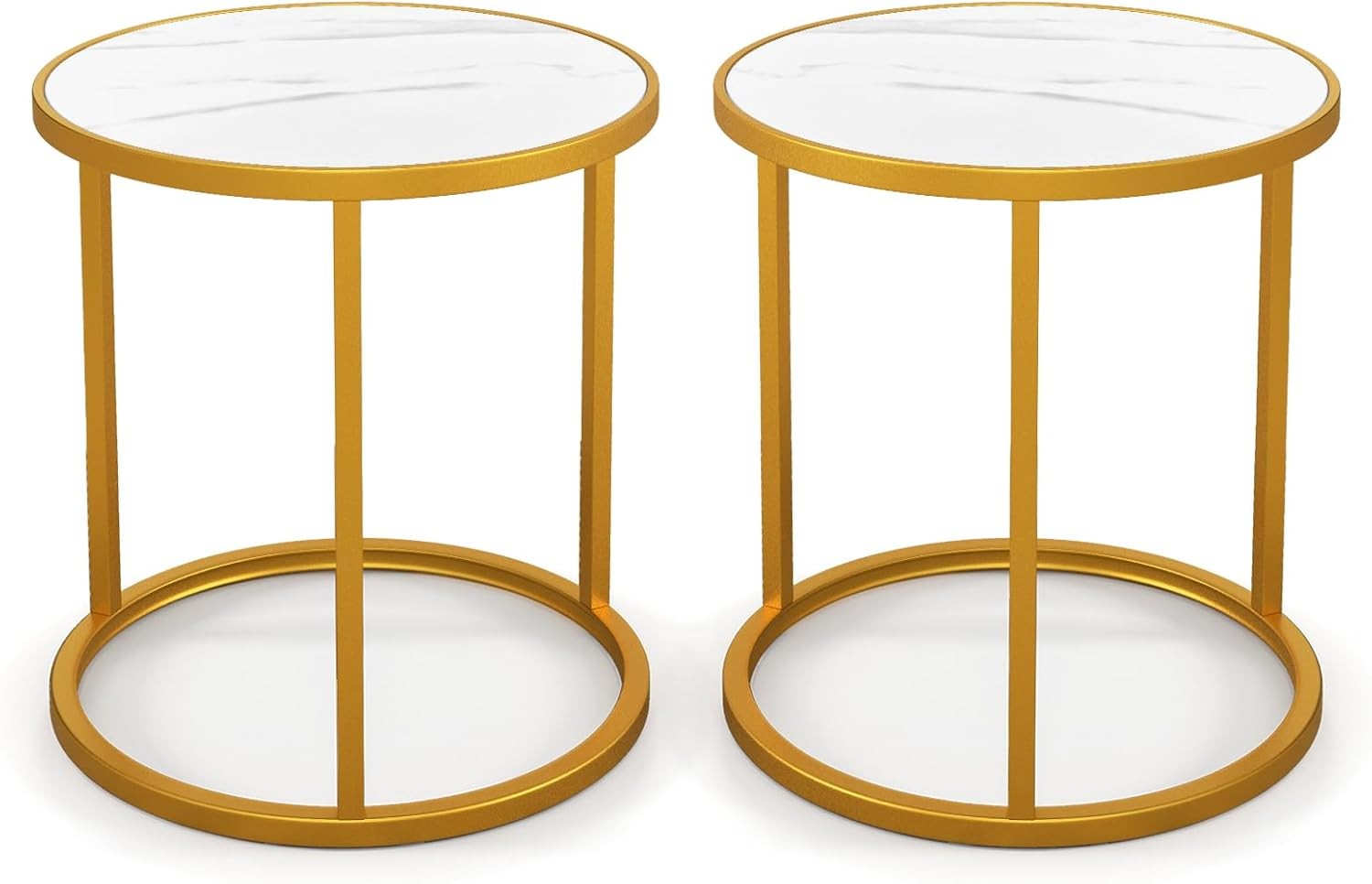 Luxury Marble Top Side Tables Set of 2 – Round Gold Metal Frame Small End Tables