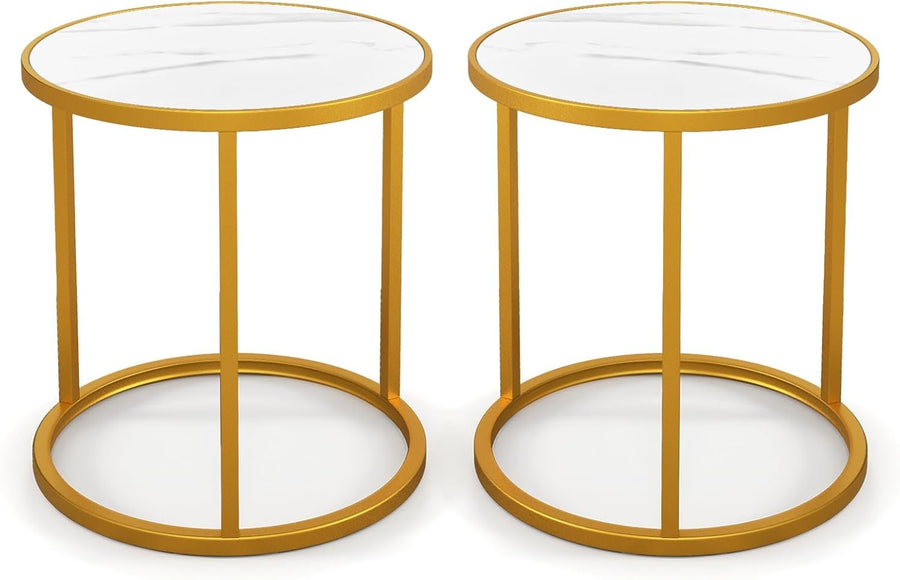 Luxury Marble Top Side Tables Set of 2 – Round Gold Metal Frame Small End Tables