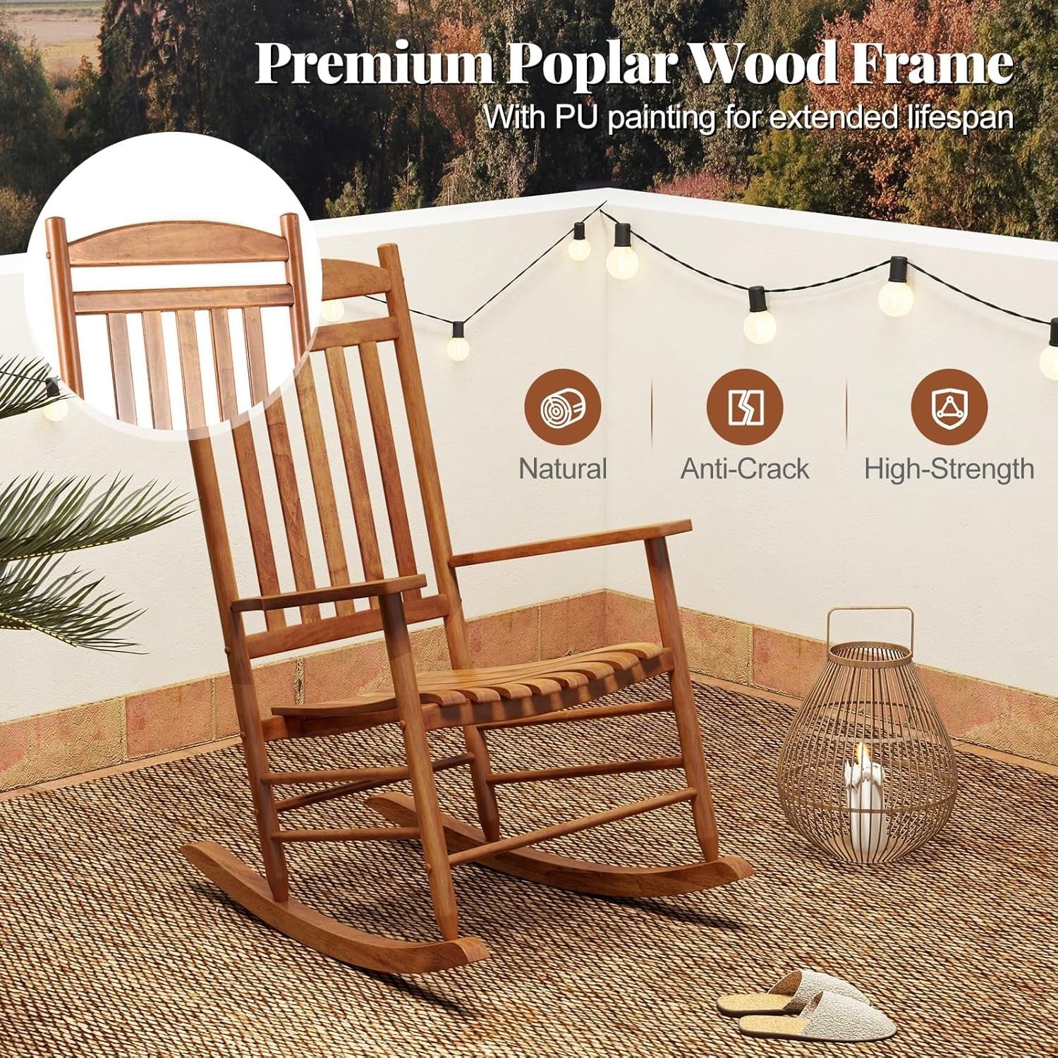 Outdoor Wooden Rocking Chair High-Back Ergonomic Patio Lounge Seat