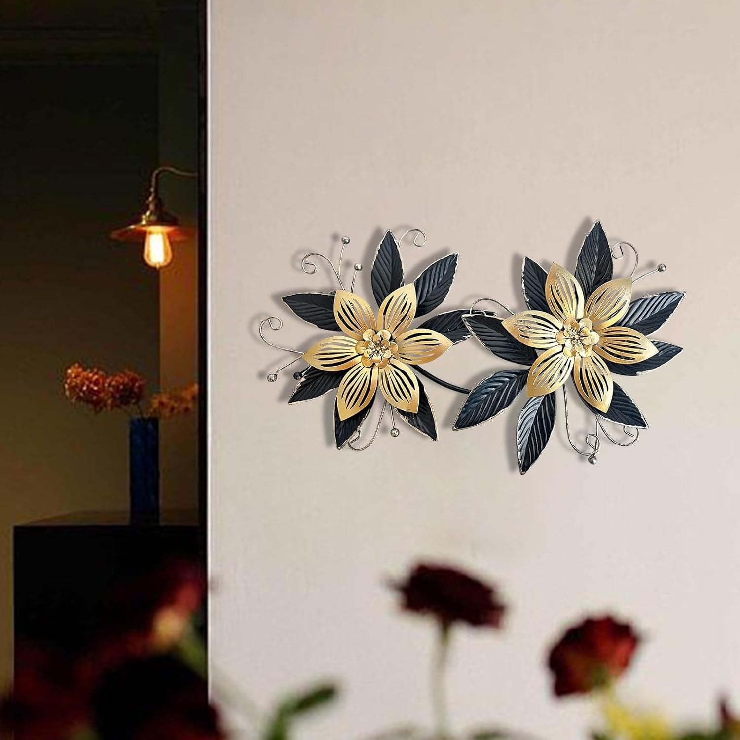Black Gold Metal Flowers Wall Art 15 in 3D Multi-Layer Home Decor
