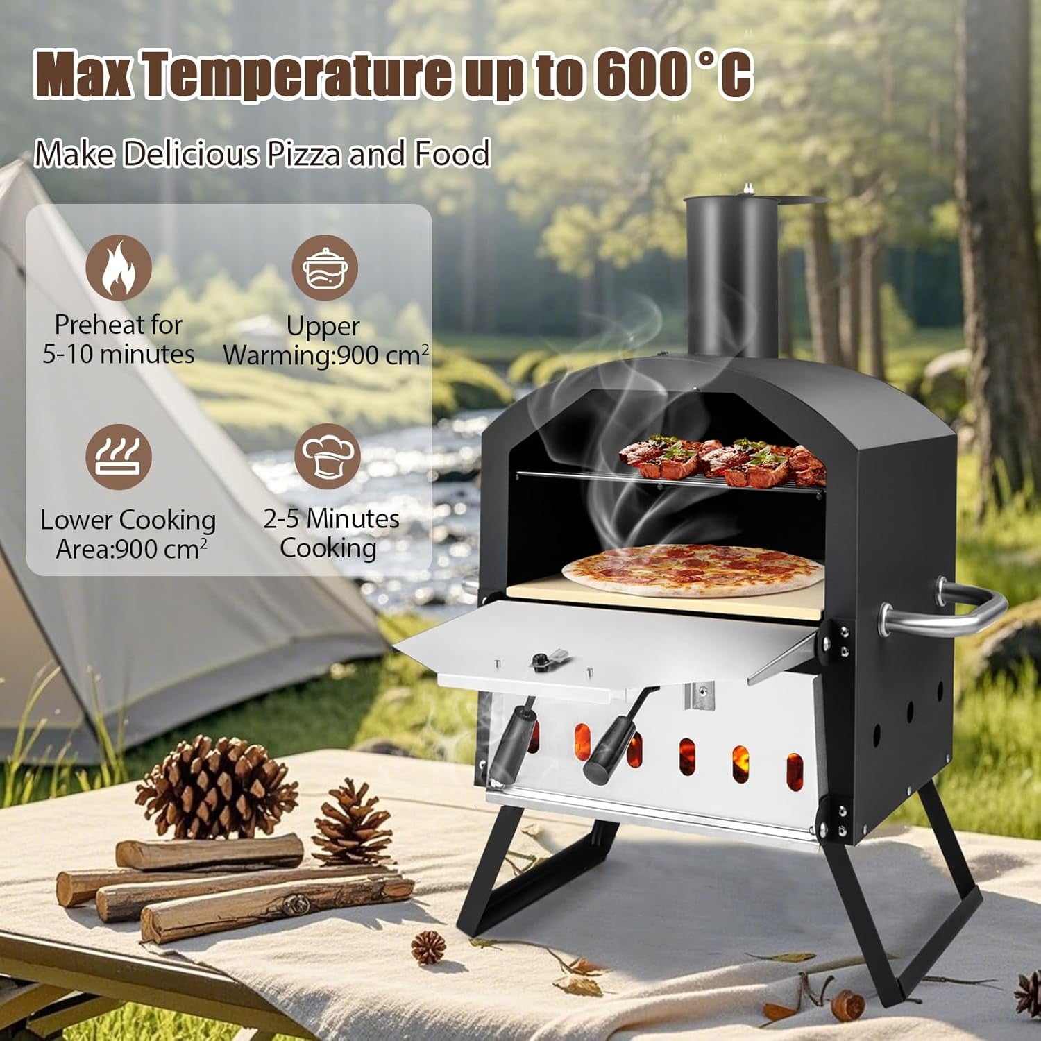 2-Layer Wood Fired Pizza Oven | Outdoor BBQ Grill, Stone & Peel Set | Foldable