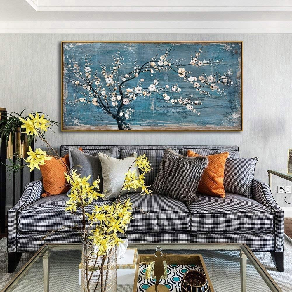 Teal Plum Blossom Abstract Canvas Wall Art – Large Framed 24x48in