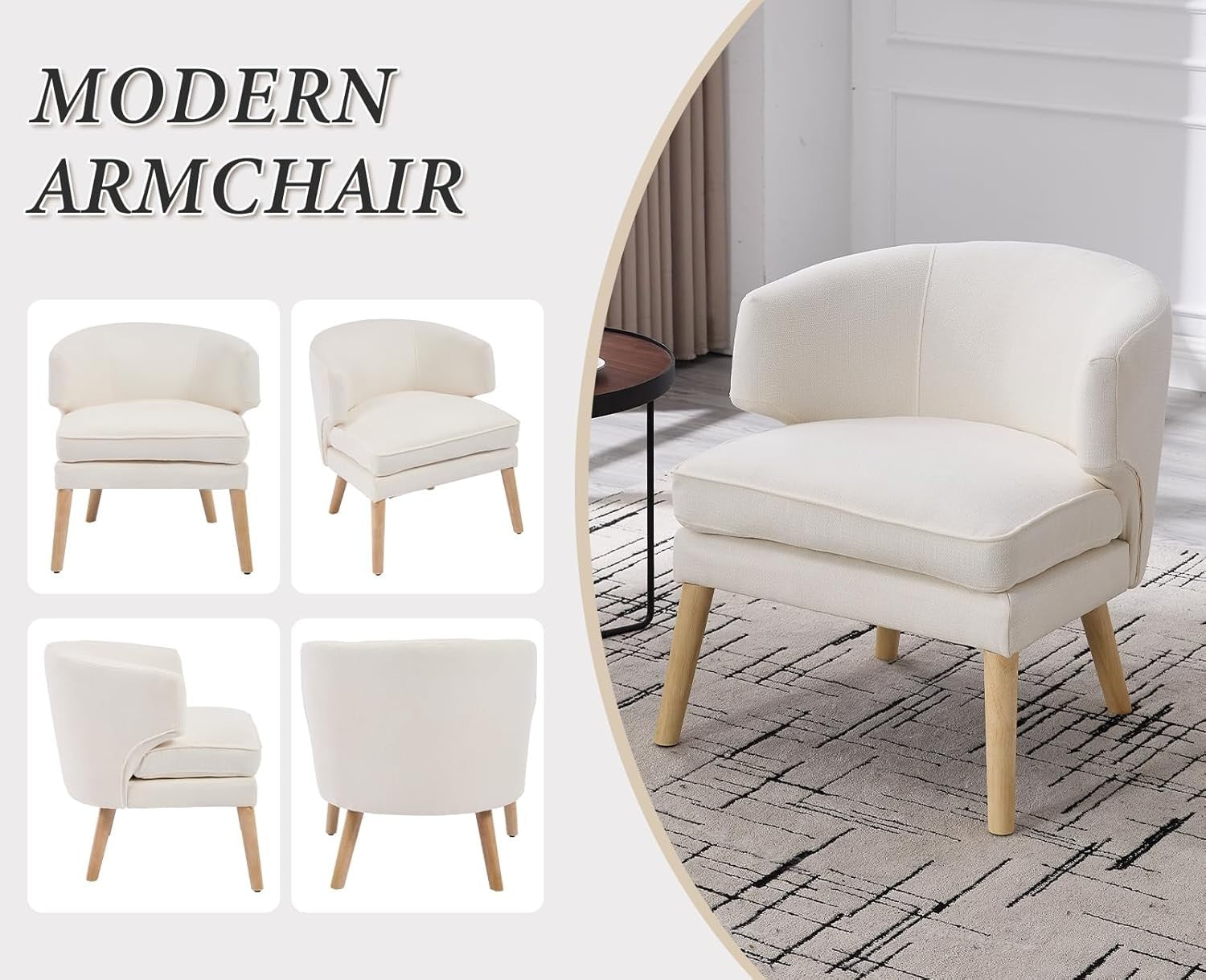 Modern Beige Chenille Tub Chair Wooden Legs Lounge Armchair Bedroom