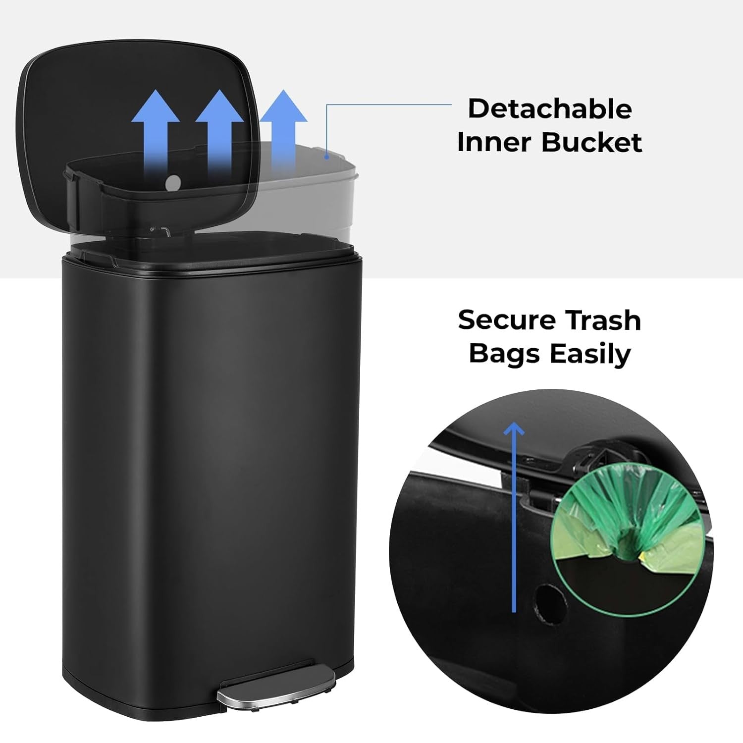 50L Stainless Steel Pedal Bin Soft Close Kitchen Waste Black