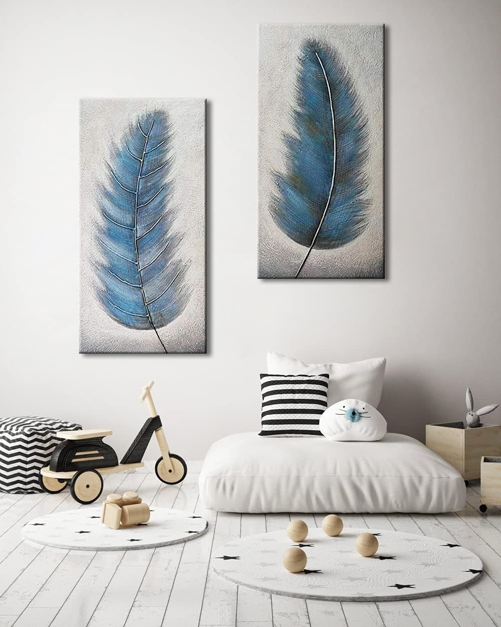 Large Abstract Grey Blue Feather Canvas Wall Art 2 Panel Hand Painted