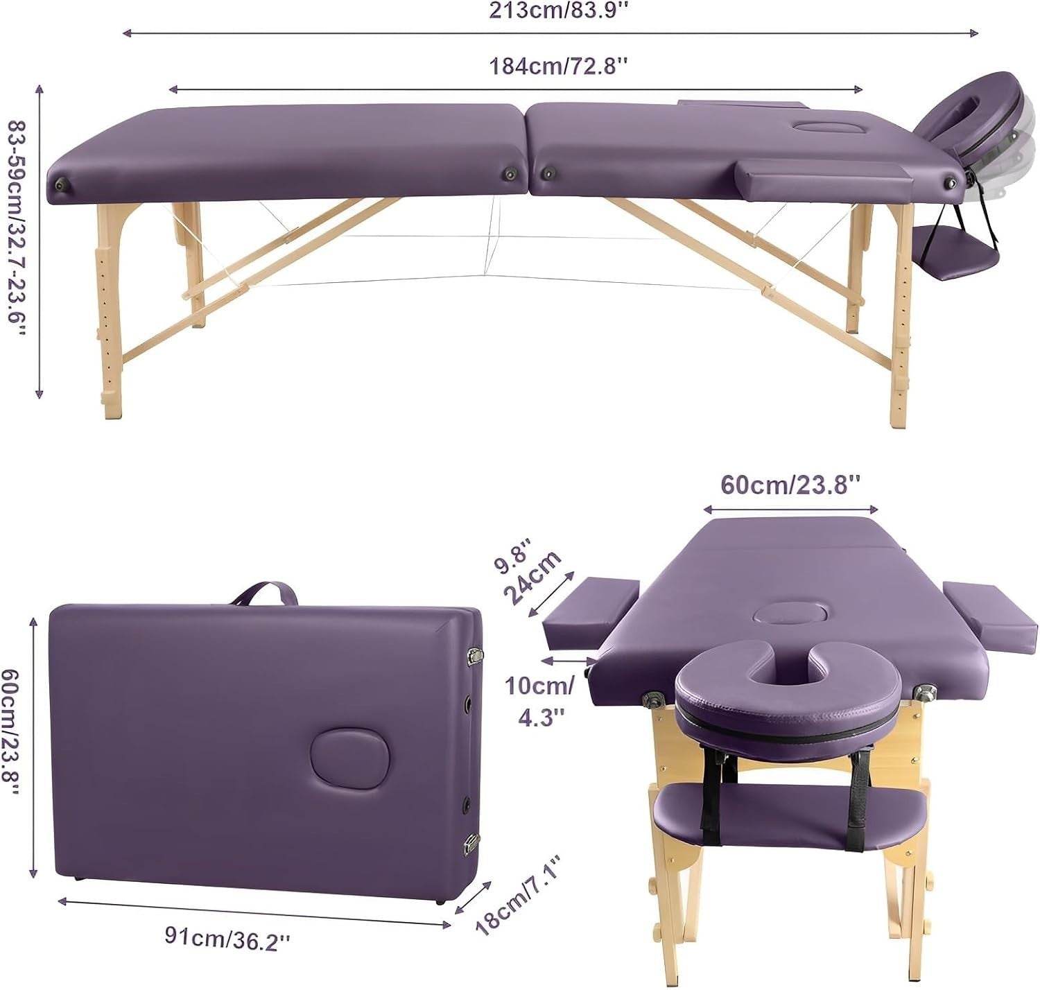 Portable 2-Zone Massage Table Foldable Beauty Lash Tattoo Bed Purple 185×60cm