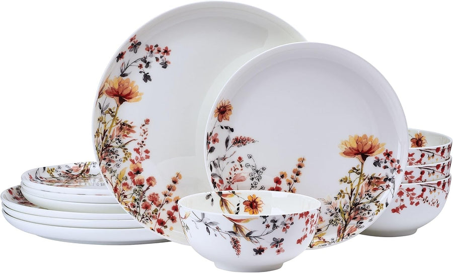12pc Floral Bone China Dinnerware Set Lightweight Chip Resistant Plates Bowls
