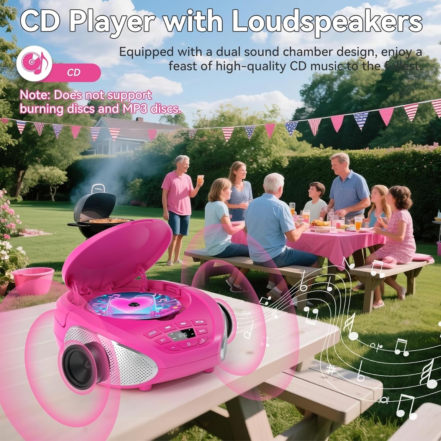 Portable CD Player Boombox Speakers FM Radio AUX Headphone Jack Pink