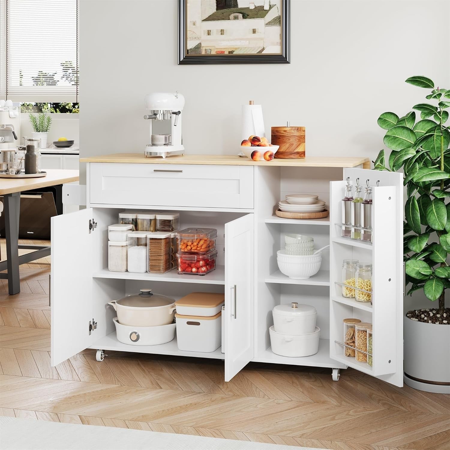 Large Mobile Kitchen Island Cart with Foldable Oak Countertop & Storage