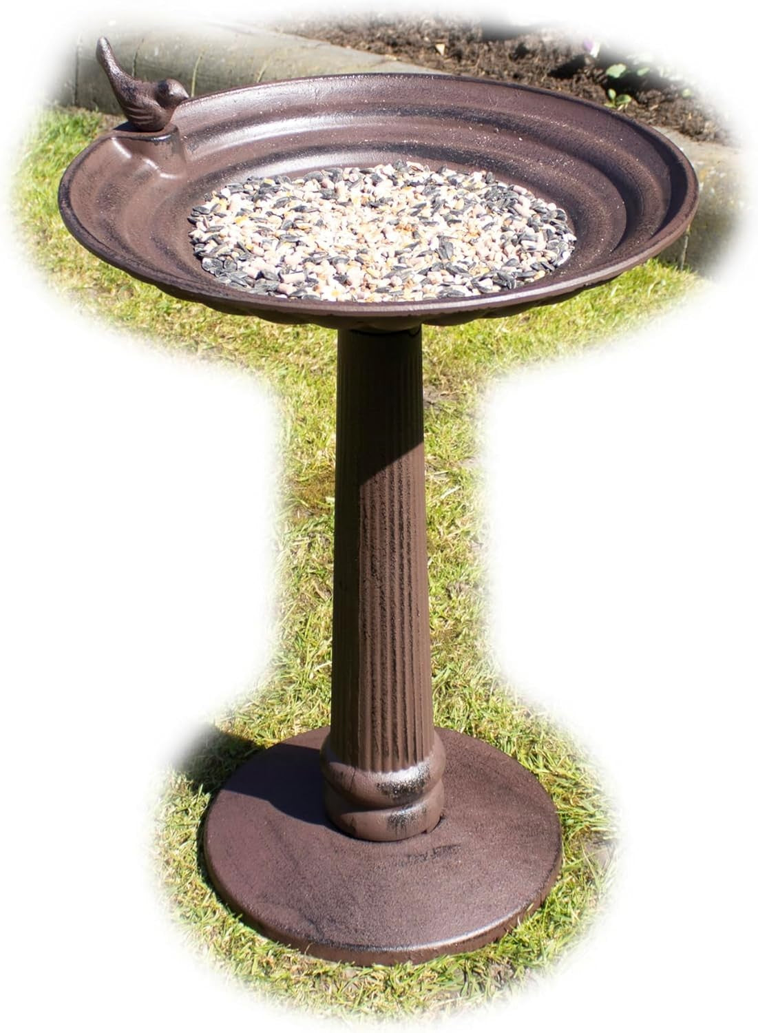 Extra Large Cast Iron Bird Bath 54cm Antique Brown Garden Pillar Feeder Decor
