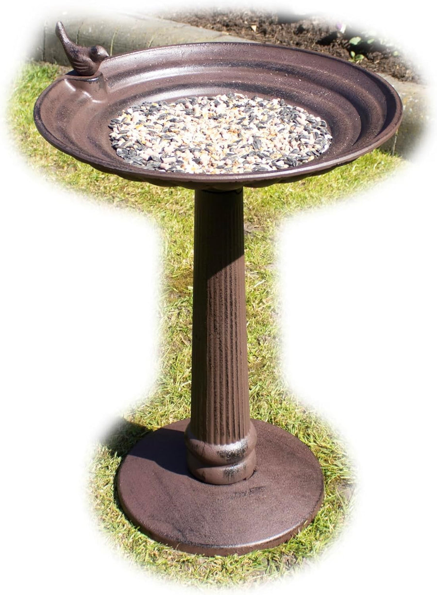 Extra Large Cast Iron Bird Bath 54cm Antique Brown Garden Pillar Feeder Decor
