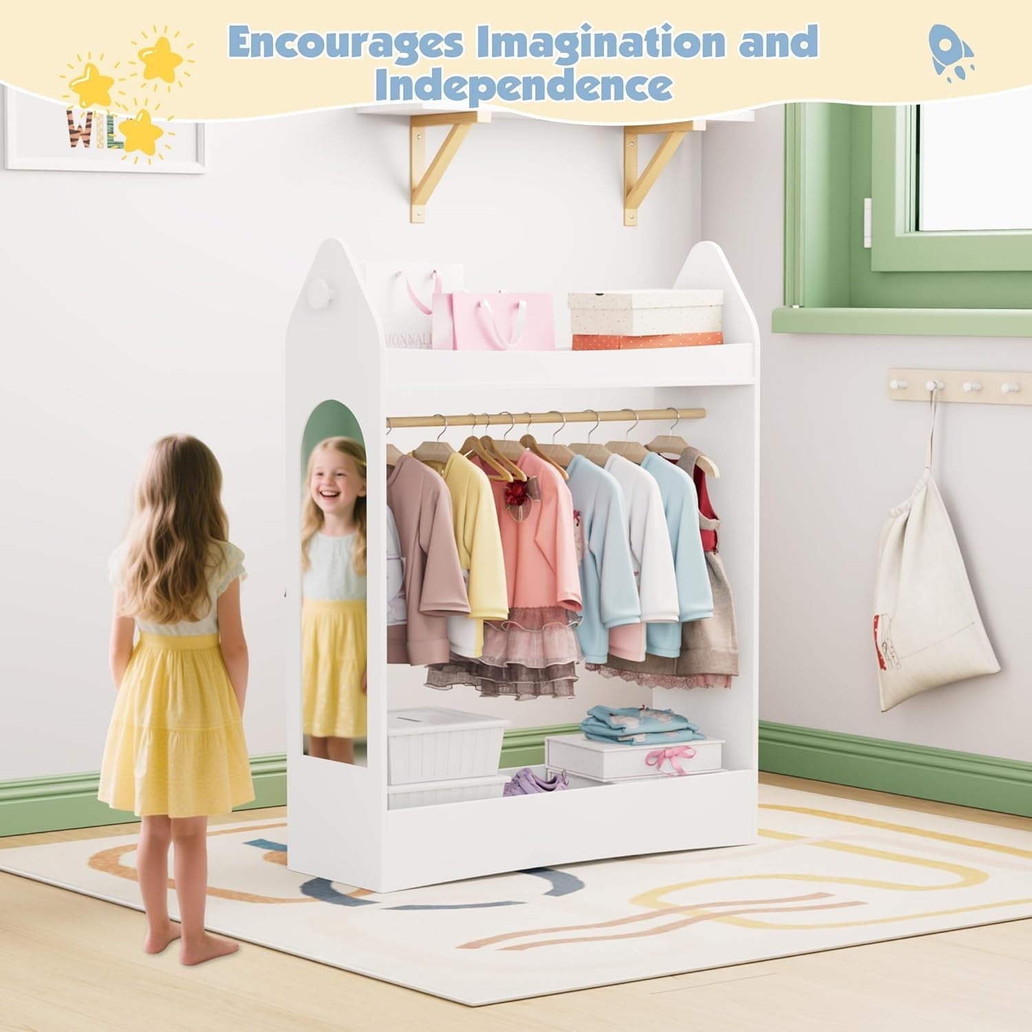 Kids Wardrobe with Mirror & Hanging Rail, No Drawer, White Rocket Design