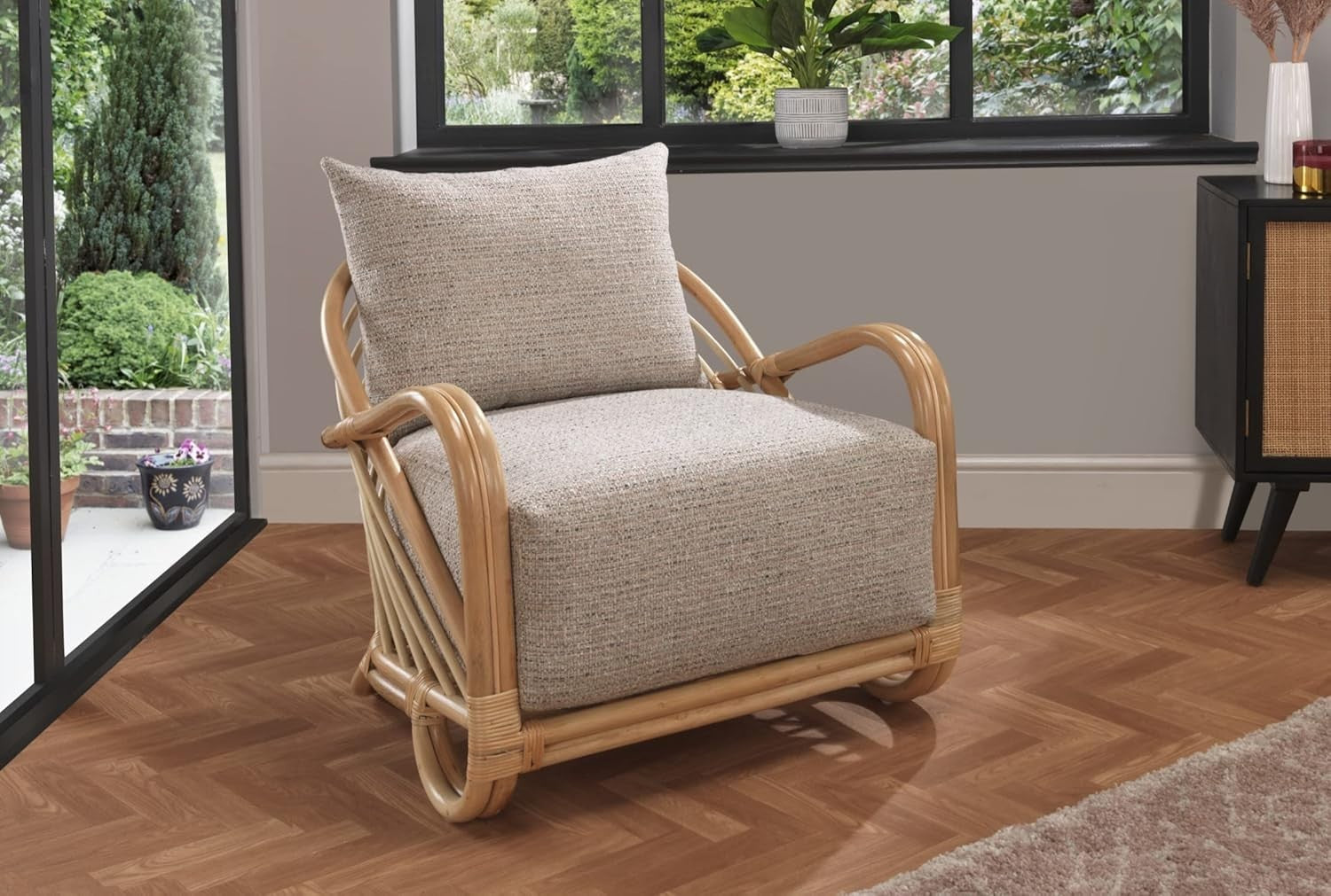 Natural Rattan Accent Armchair with Cushions Indoor Cane Lounge Chair