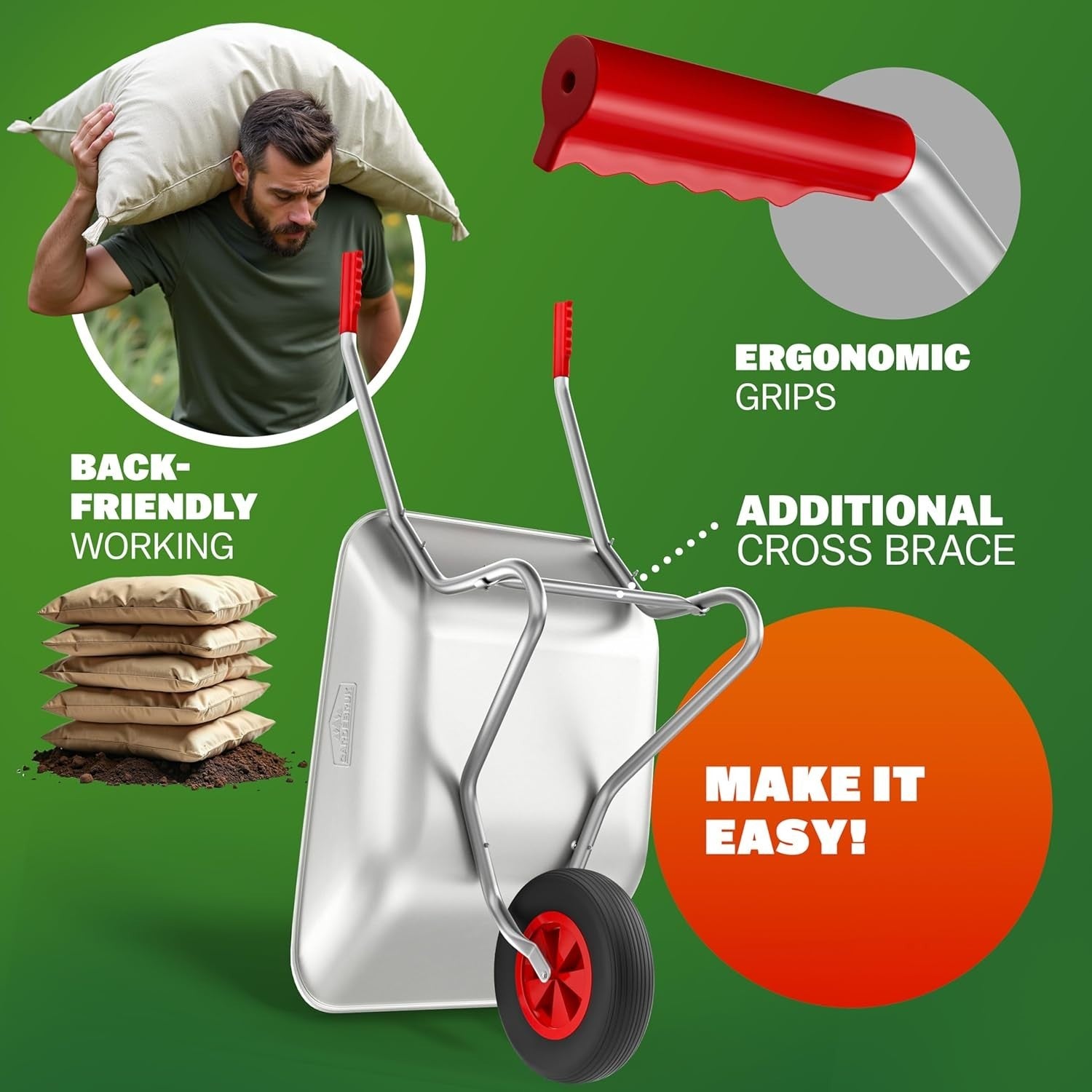 80L Galvanised Wheelbarrow Silver – Pneumatic Tyre Heavy Duty Garden 100kg