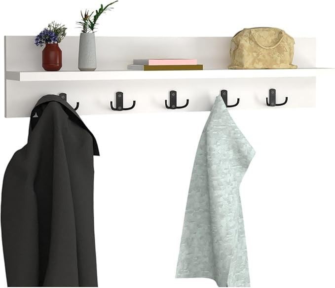 Wall Mounted Coat Rack 80cm White Shelf 5 Hooks Floating Entryway Storage