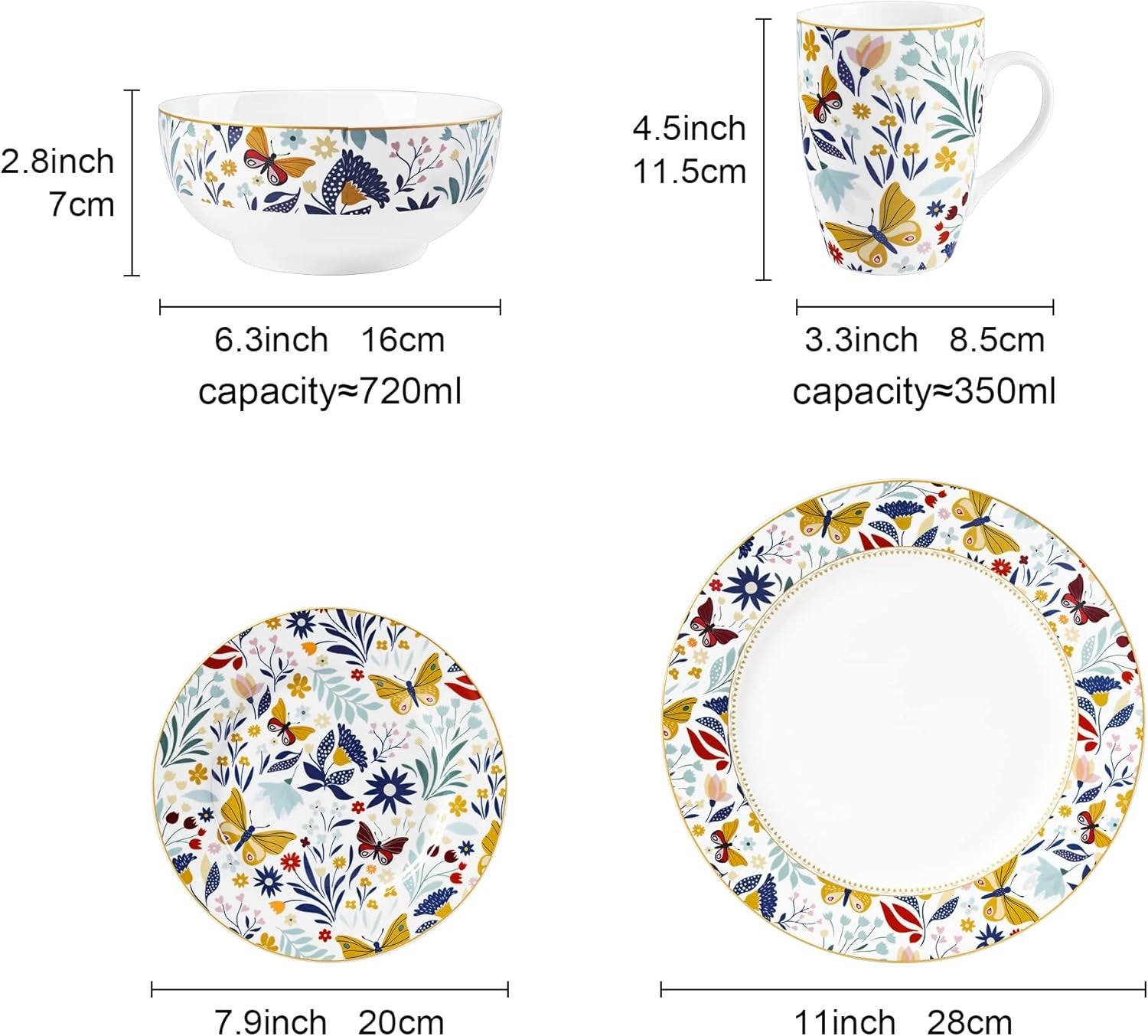 16 Piece Porcelain Dinner Set Floral Plates Bowls Mugs Vintage Dishwasher Safe