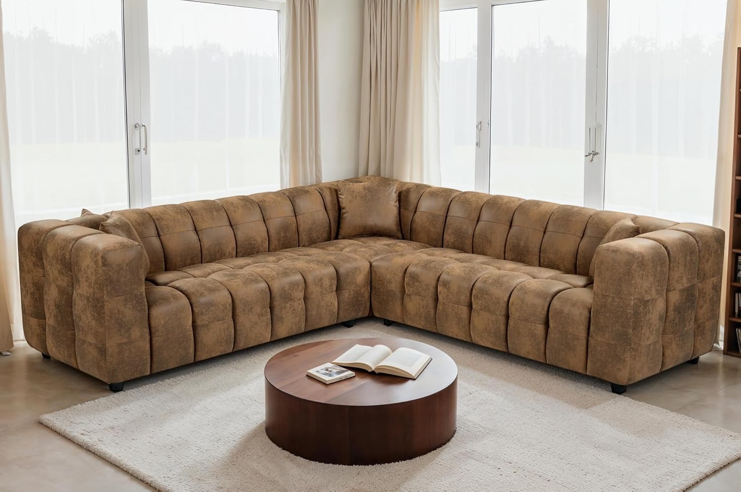 Brown Faux Leather 5 Seater L Shape Corner Sofa – Deep Seats & Cushions