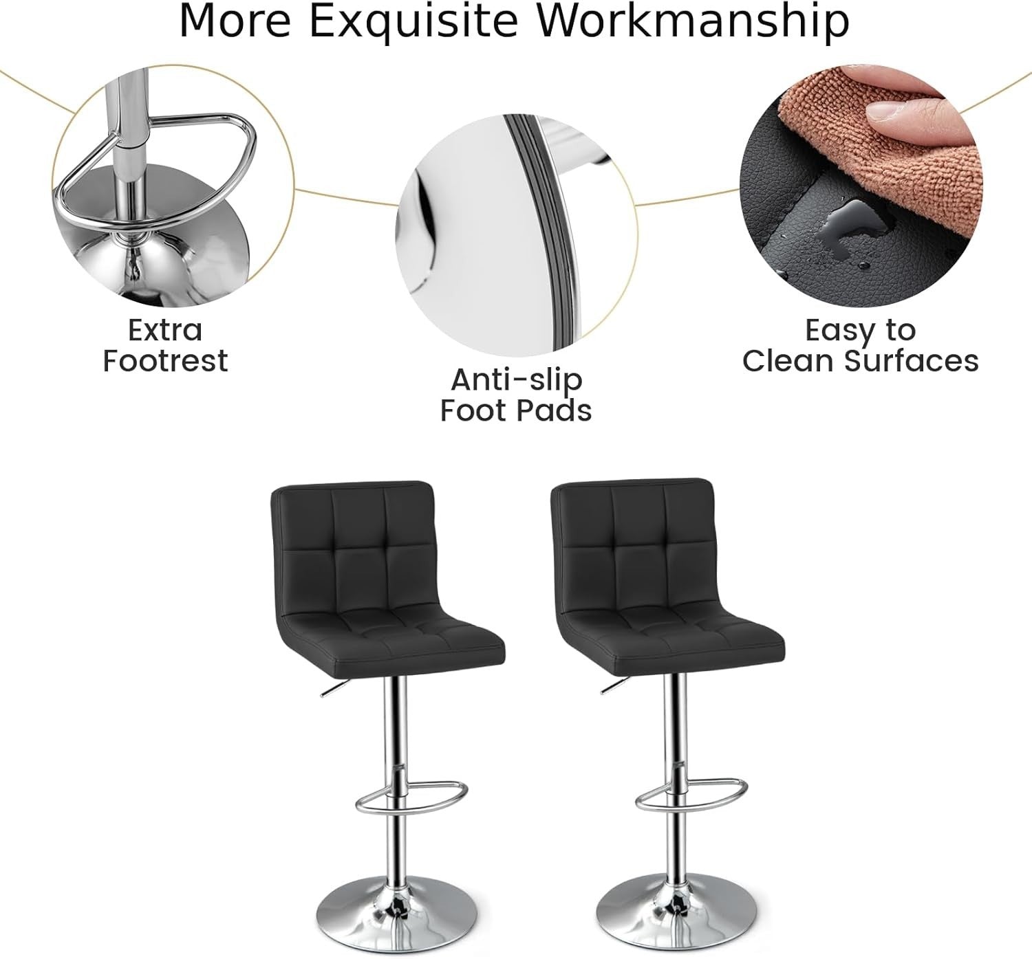 Set of 2 Adjustable Black PU Leather Bar Stools with Swivel & Footrest