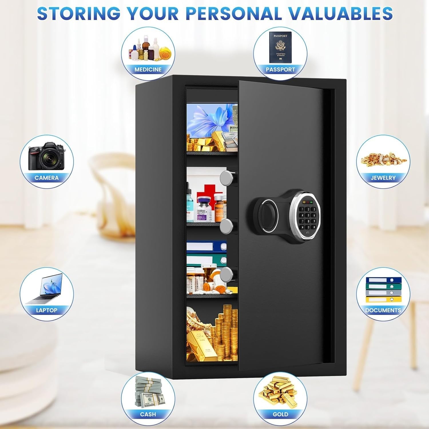 70L Fireproof Safe Box Digital Keypad Security Safe with Shelves