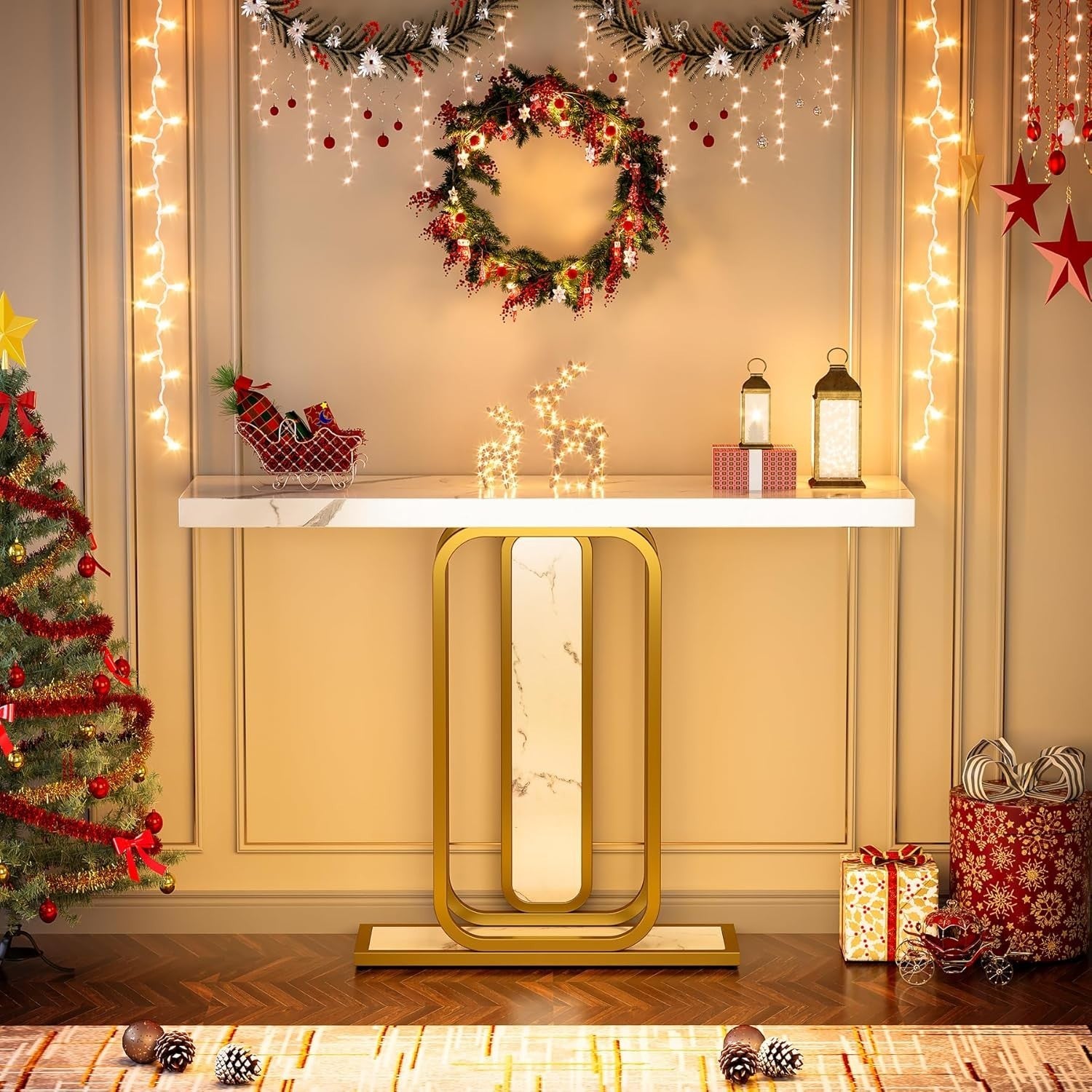 Modern White & Gold Console Table 41.3" Entryway, Faux Marble, Sturdy Metal Legs