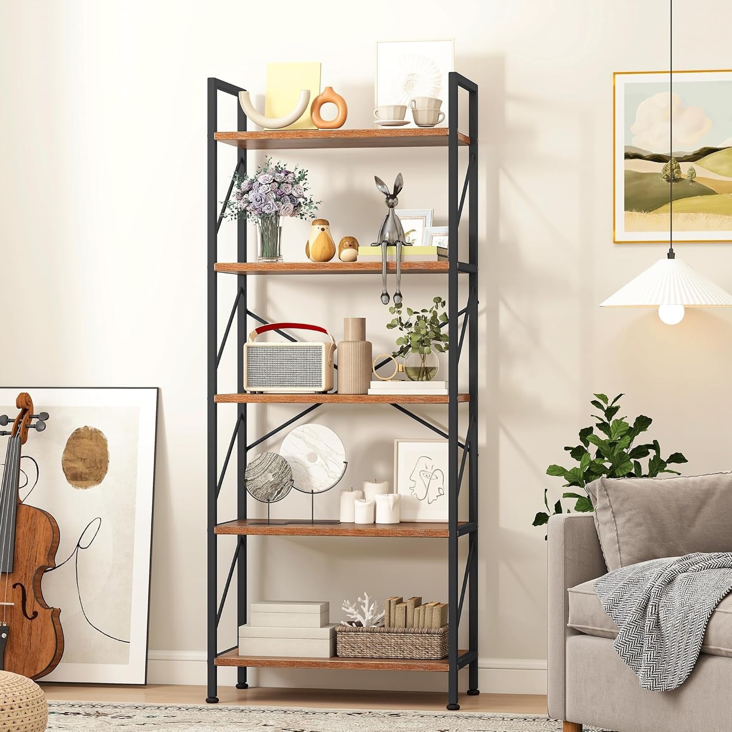 Rustic Brown 5-Tier Industrial Bookshelf Metal Frame Wood Storage Shelving