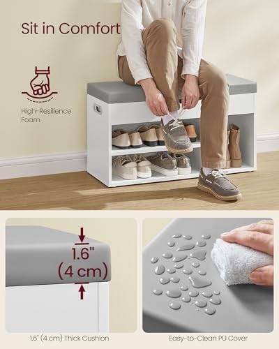 Cloud White Shoe Storage Bench with Cushion 3 Compartments Hidden Seat 80x30x44
