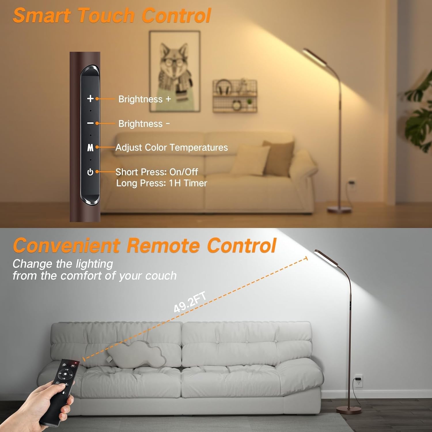 LED Floor Lamp Dimmable Gooseneck Reading Light Remote Touch Control