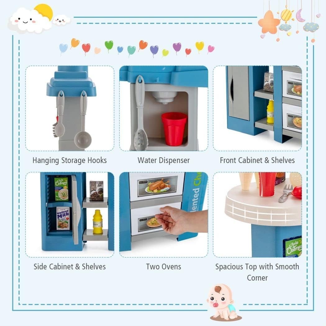 Kids Kitchen Playset w/ 67PCS Lights Sounds Steam Sink Blue Toy