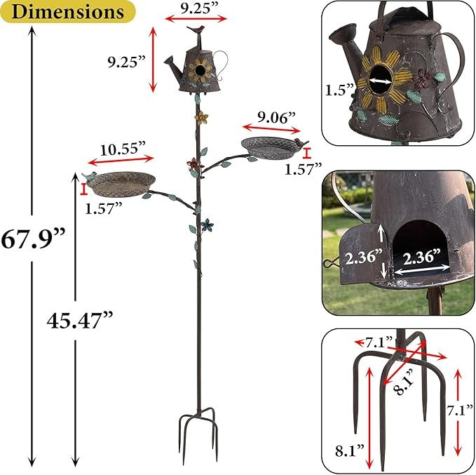 67.9" Metal Bird Bath & Birdhouse 3-in-1 Feeder Pole – Outdoor Garden Décor